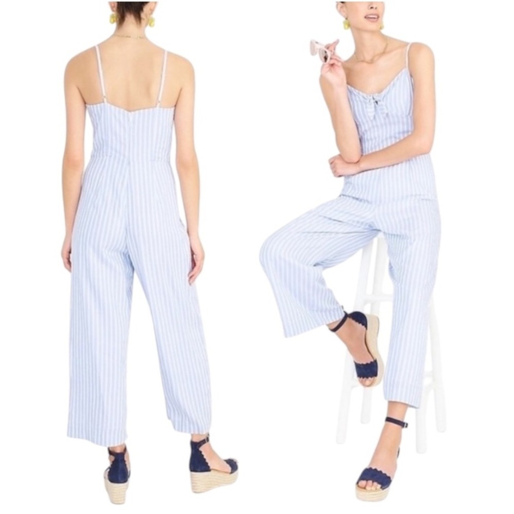 J Crew Jumpsuit Women 8 Blue White Striped Tie Front Cropped Wide Leg NWT Preppy